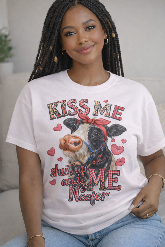 Kiss Me” Valentine Cow Graphic T-Shirt