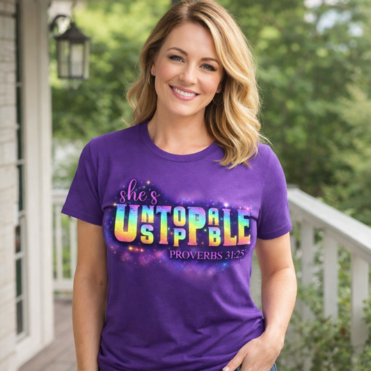 She’s Unstoppable™ Proverbs 31:25 Graphic T-Shirt | Faith & Empowerment Tee