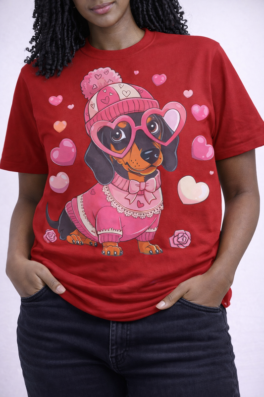 Cute Dachshund Valentine’s T-Shirt – Heart Glasses Dog Graphic Tee